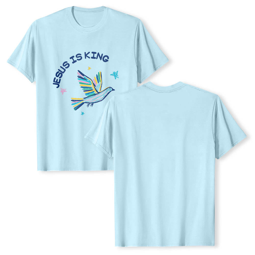 Christianartworkshop Camiseta clásica con estampado frontal de paloma y estrella dibujada a mano con letras curvas "Jesús es Rey" - image 11