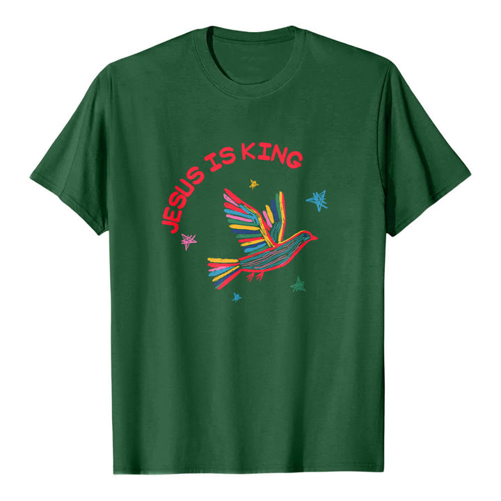 Christianartworkshop Camiseta clásica con estampado frontal de paloma y estrella dibujada a mano con letras curvas "Jesús es Rey" - Verde oscuro - 2XL - image 3