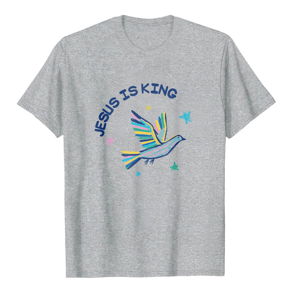 Christianartworkshop Camiseta clásica con estampado frontal de paloma y estrella dibujada a mano con letras curvas "Jesús es Rey" - Gris - 2XL - image 15