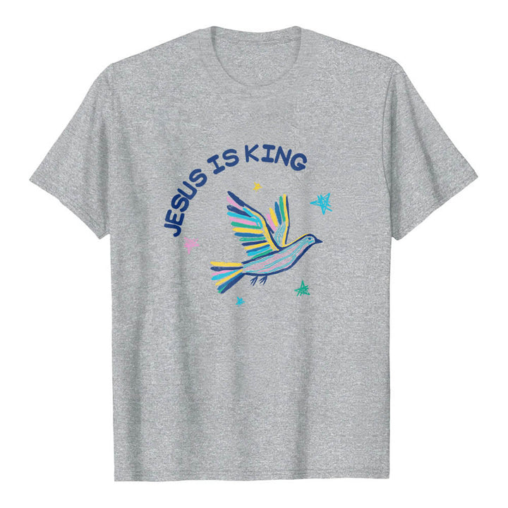 Christianartworkshop Camiseta clásica con estampado frontal de paloma y estrella dibujada a mano con letras curvas "Jesús es Rey" - Gris - 2XL - image 15