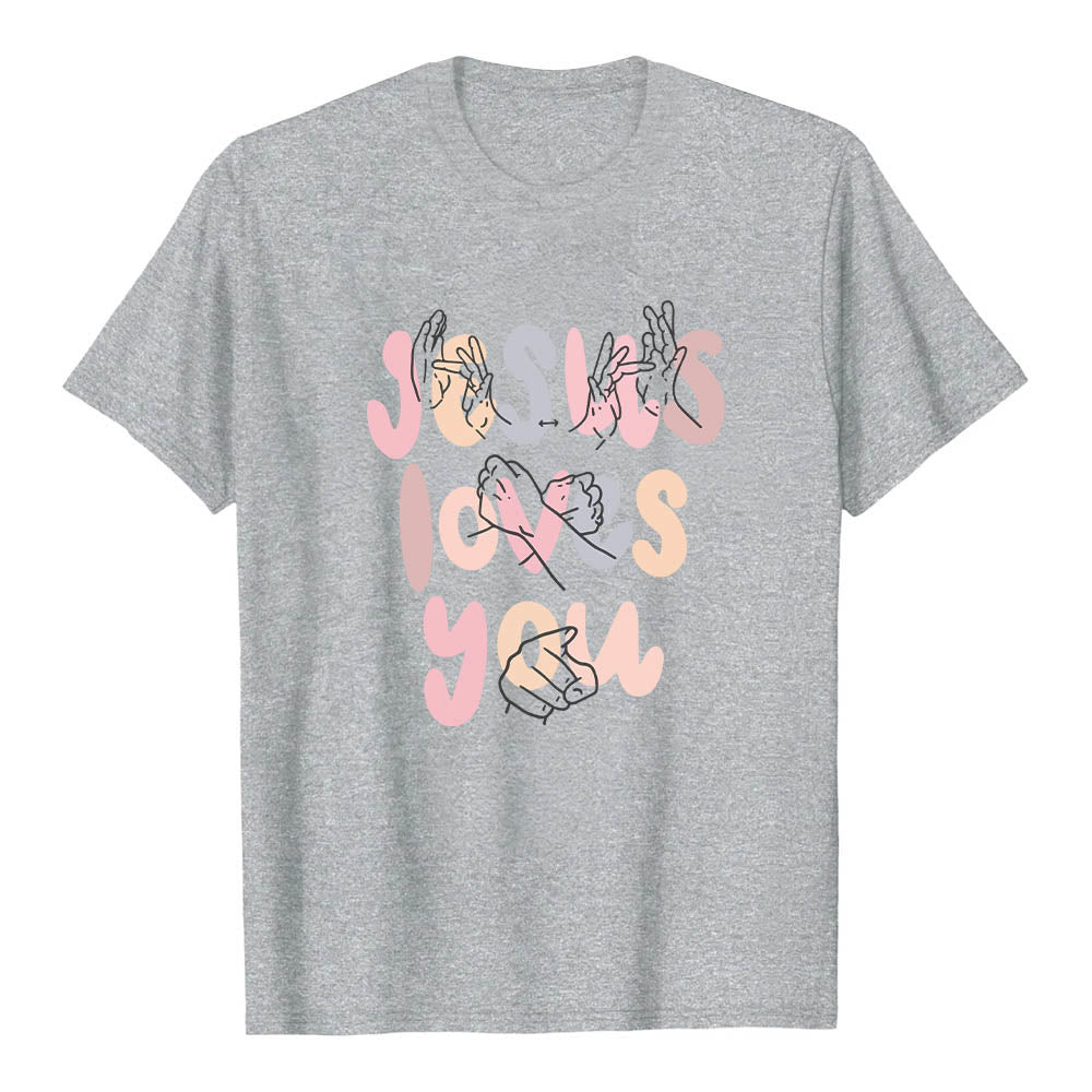 Christianartworkshop Camiseta clásica con estampado frontal de letras de burbuja "Jesús te ama" en lenguaje de señas. - Gris - 2XL - image 0