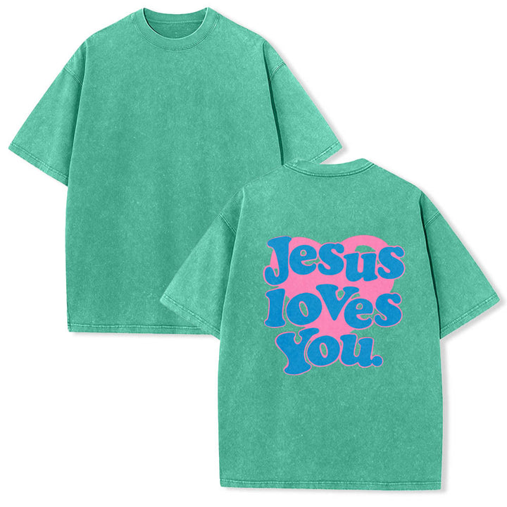 Christianartworkshop Camiseta lavada con estampado de corazón, fuente de burbujas y la frase "Jesús te ama". - image 11