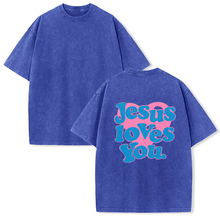 Christianartworkshop Camiseta lavada con estampado de corazón, fuente de burbujas y la frase "Jesús te ama". - image 7