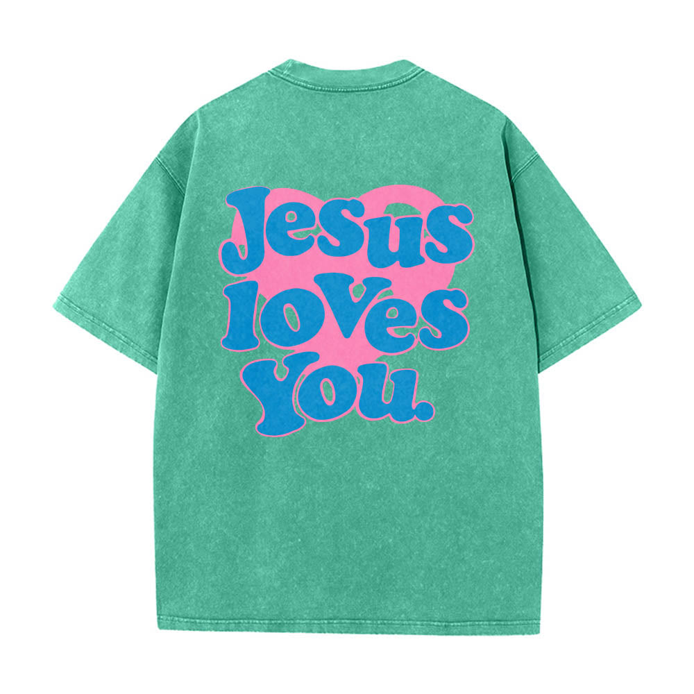 Christianartworkshop Camiseta lavada con estampado de corazón, fuente de burbujas y la frase "Jesús te ama". - Verde - 5XL - image 10