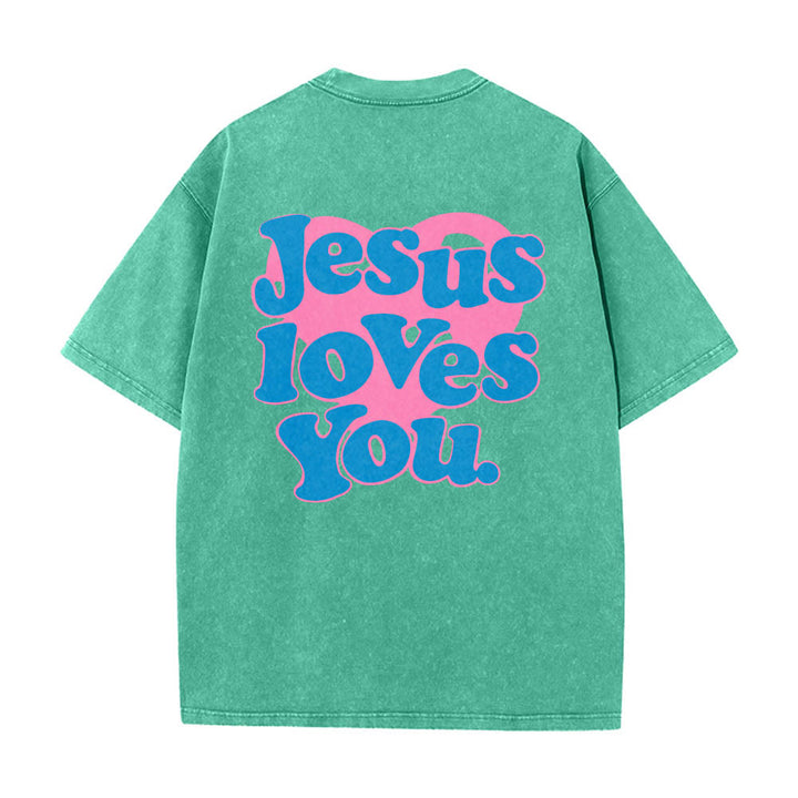 Christianartworkshop Camiseta lavada con estampado de corazón, fuente de burbujas y la frase "Jesús te ama". - Verde - 5XL - image 10
