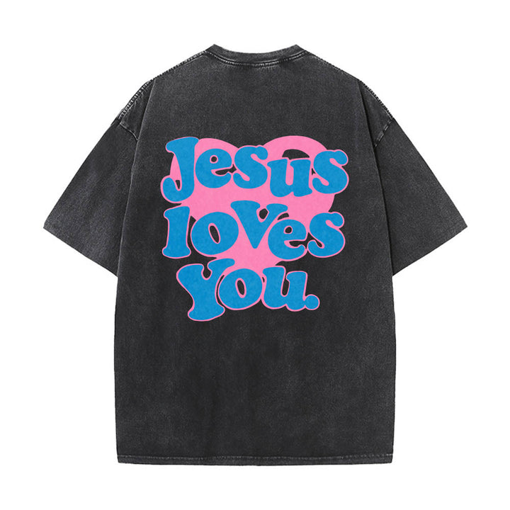 Christianartworkshop Camiseta lavada con estampado de corazón, fuente de burbujas y la frase "Jesús te ama". - Negro - 5XL - image 4