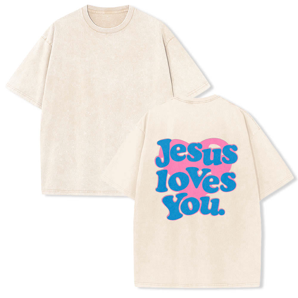 Christianartworkshop Camiseta lavada con estampado de corazón, fuente de burbujas y la frase "Jesús te ama". - image 1