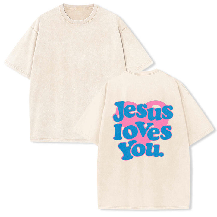 Christianartworkshop Camiseta lavada con estampado de corazón, fuente de burbujas y la frase "Jesús te ama". - image 1