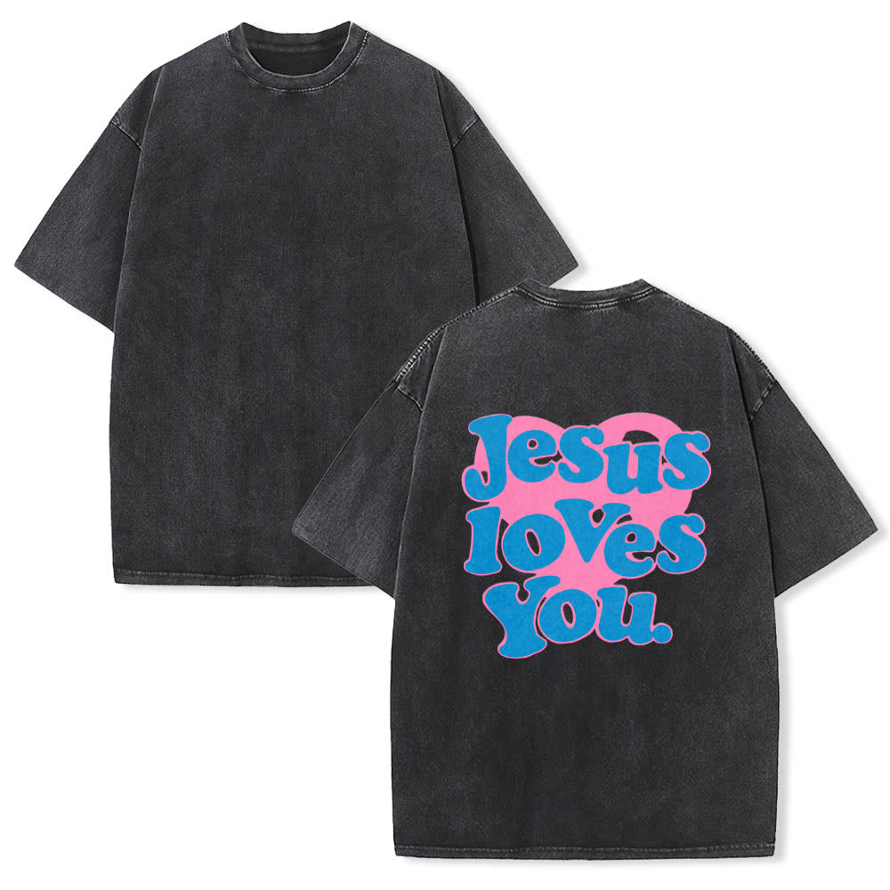 Christianartworkshop Camiseta lavada con estampado de corazón, fuente de burbujas y la frase "Jesús te ama". - image 5