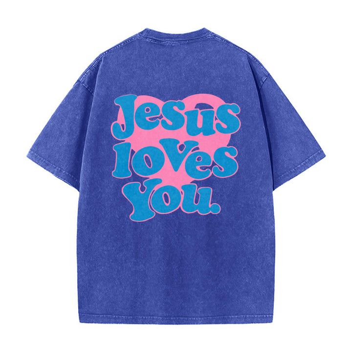 Christianartworkshop Camiseta lavada con estampado de corazón, fuente de burbujas y la frase "Jesús te ama". - Azul - 5XL - image 6