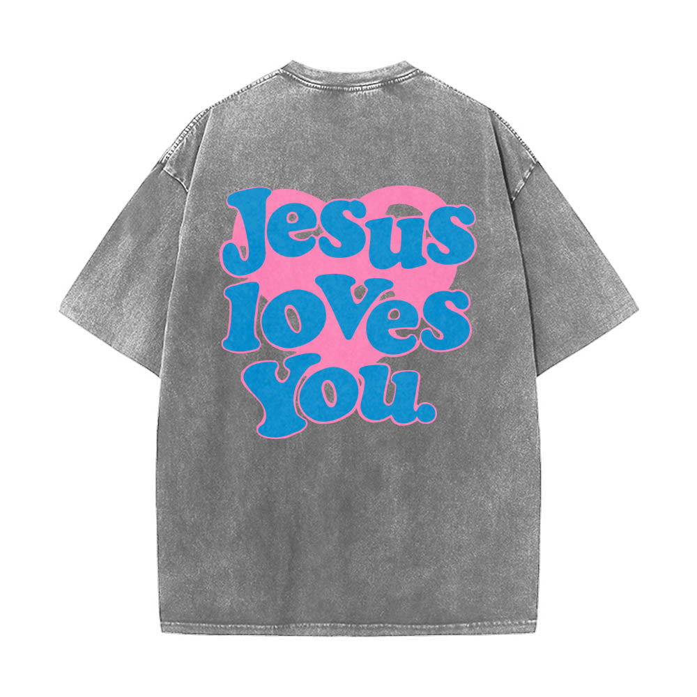 Christianartworkshop Camiseta lavada con estampado de corazón, fuente de burbujas y la frase "Jesús te ama". - Gris - 5XL - image 2