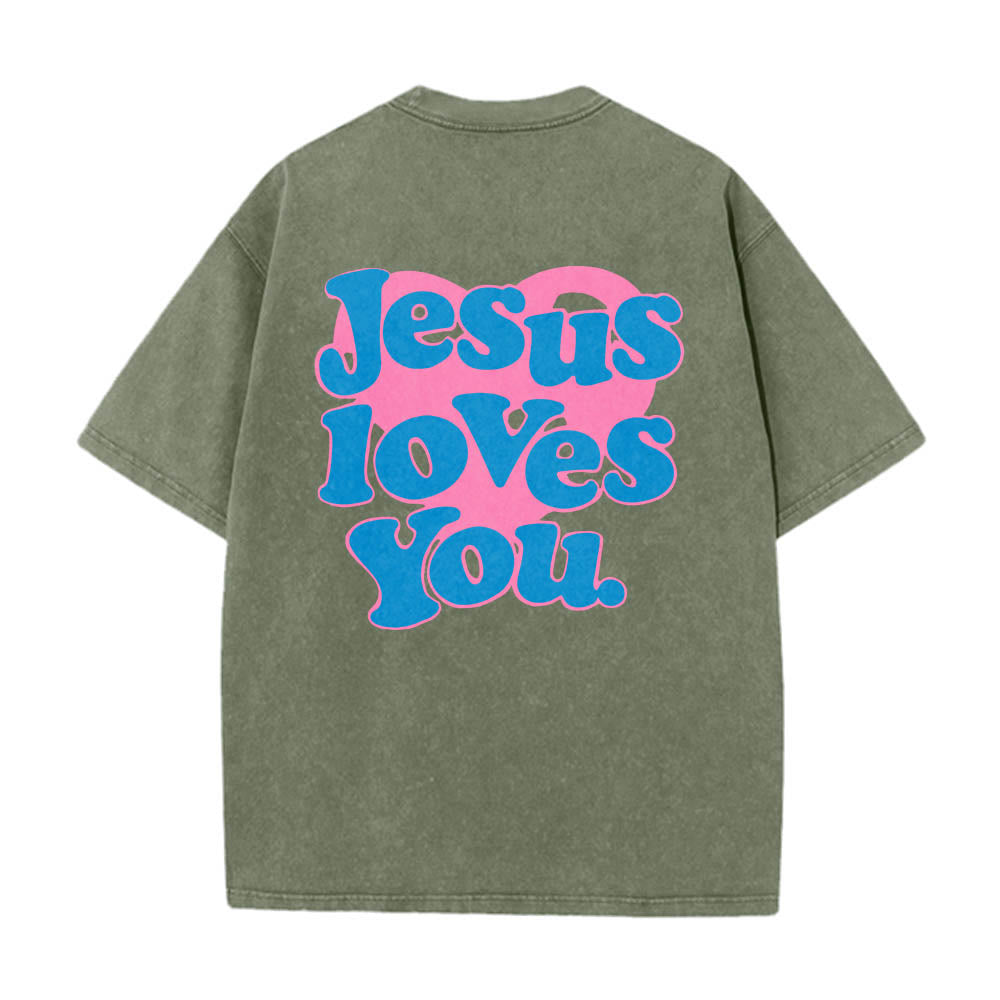 Christianartworkshop Camiseta lavada con estampado de corazón, fuente de burbujas y la frase "Jesús te ama". - Verde militar - 5XL - image 16