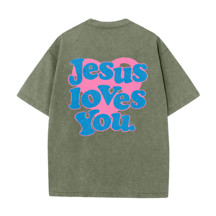 Christianartworkshop Camiseta lavada con estampado de corazón, fuente de burbujas y la frase "Jesús te ama". - Verde militar - 5XL - image 16