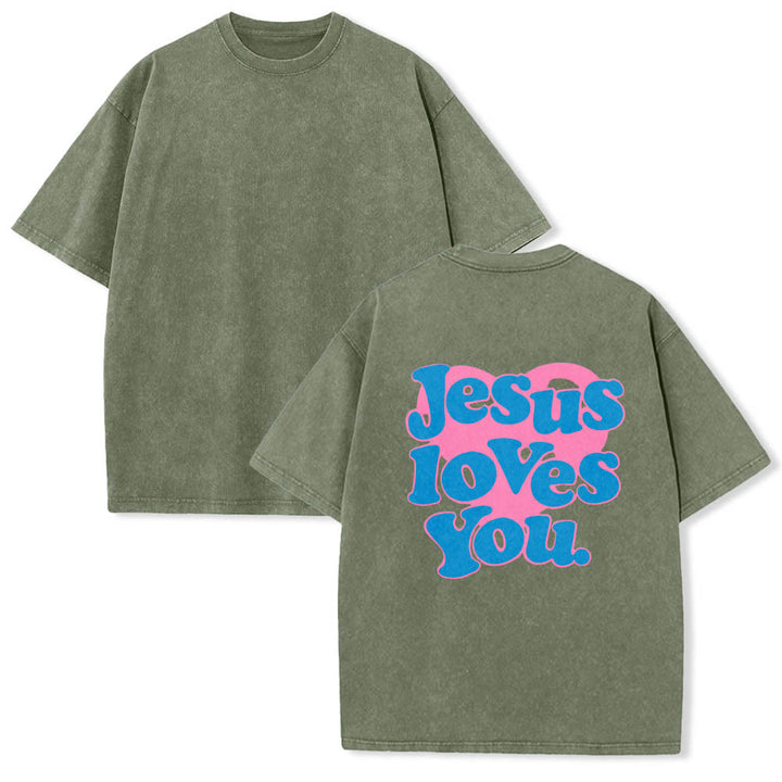 Christianartworkshop Camiseta lavada con estampado de corazón, fuente de burbujas y la frase "Jesús te ama". - image 17