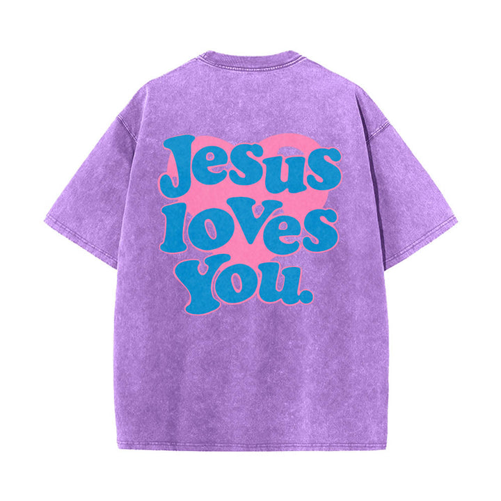 Christianartworkshop Camiseta lavada con estampado de corazón, fuente de burbujas y la frase "Jesús te ama". - Púrpura - 5XL - image 12