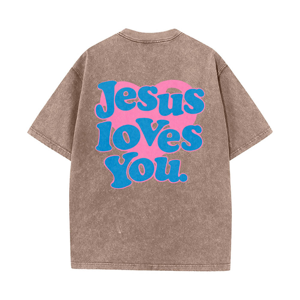 Christianartworkshop Camiseta lavada con estampado de corazón, fuente de burbujas y la frase "Jesús te ama". - Marrón - 5XL - image 8