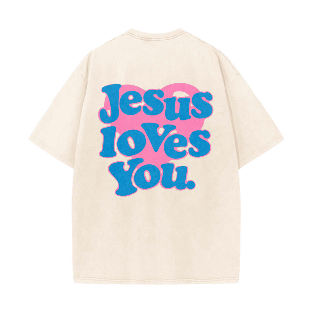 Christianartworkshop Camiseta lavada con estampado de corazón, fuente de burbujas y la frase "Jesús te ama". - Beige - 5XL - image 0