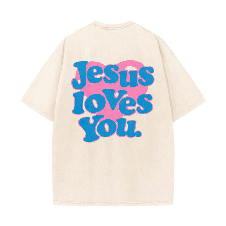Christianartworkshop Camiseta lavada con estampado de corazón, fuente de burbujas y la frase "Jesús te ama". - Beige - 5XL - image 0