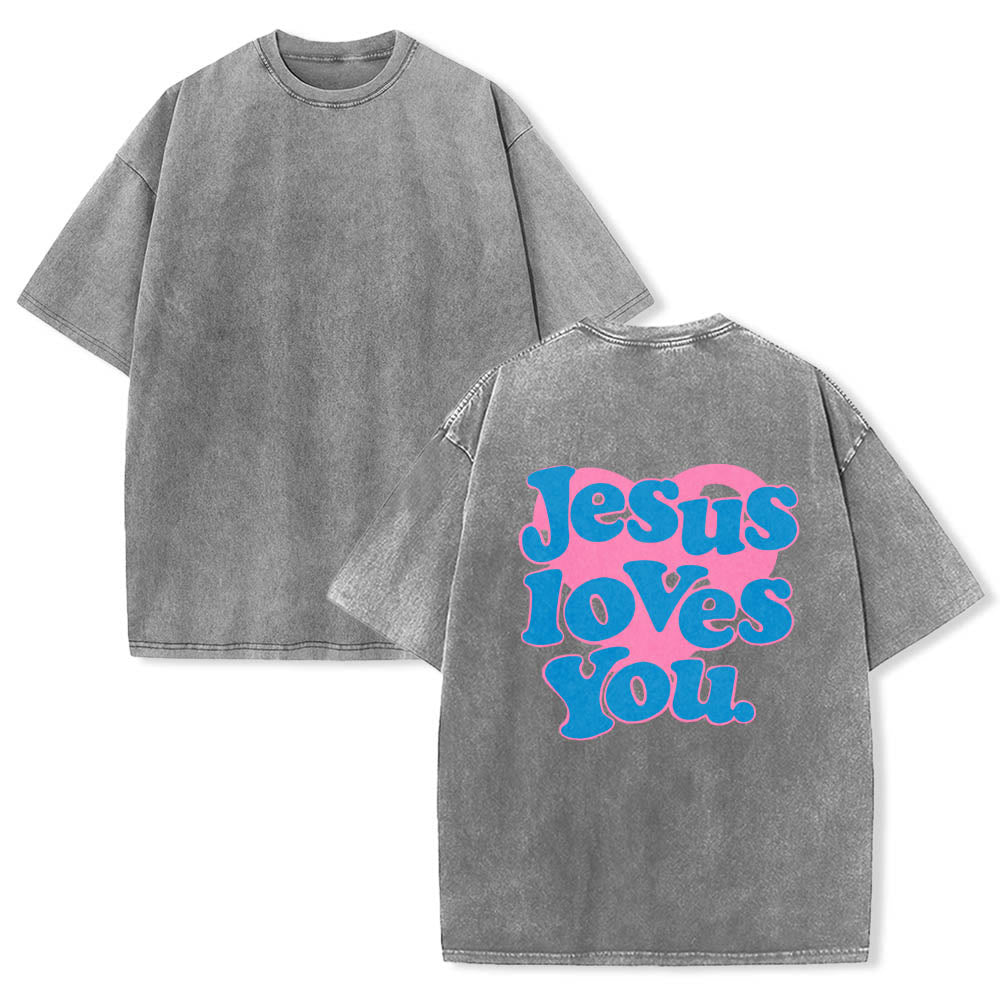 Christianartworkshop Camiseta lavada con estampado de corazón, fuente de burbujas y la frase "Jesús te ama". - image 3