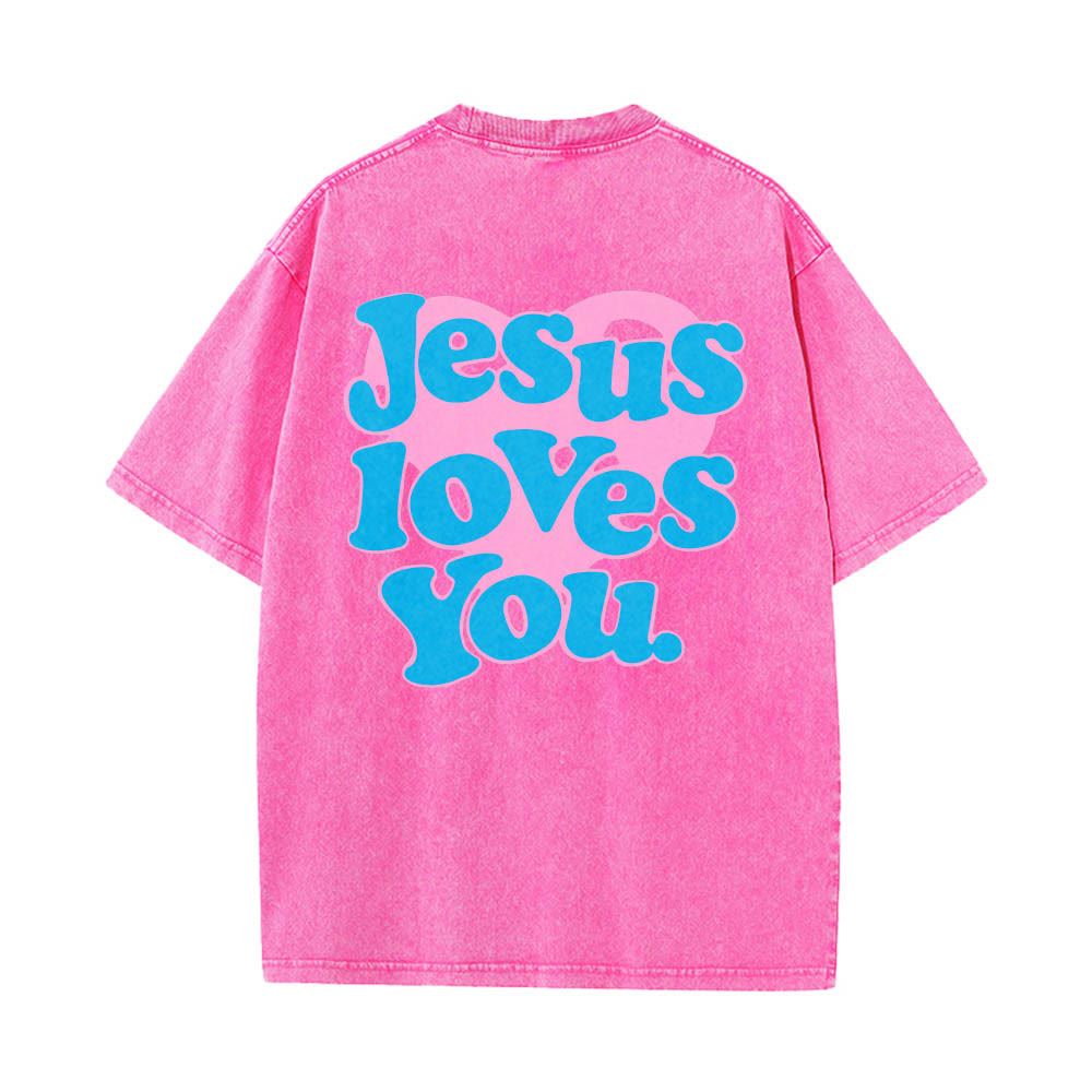 Christianartworkshop Camiseta lavada con estampado de corazón, fuente de burbujas y la frase "Jesús te ama". - Rosa - 5XL - image 14
