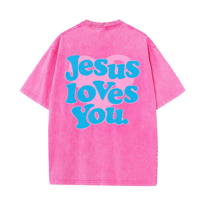 Christianartworkshop Camiseta lavada con estampado de corazón, fuente de burbujas y la frase "Jesús te ama". - Rosa - 5XL - image 14