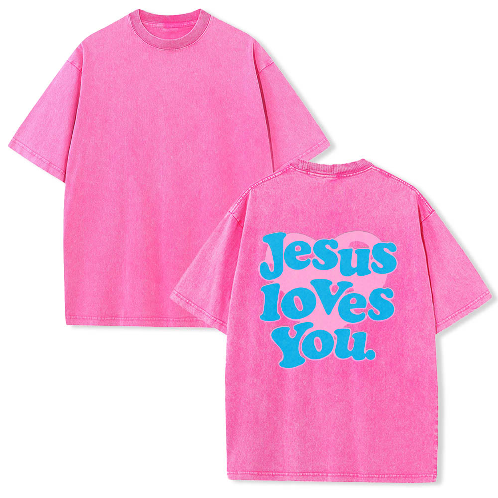 Christianartworkshop Camiseta lavada con estampado de corazón, fuente de burbujas y la frase "Jesús te ama". - image 15