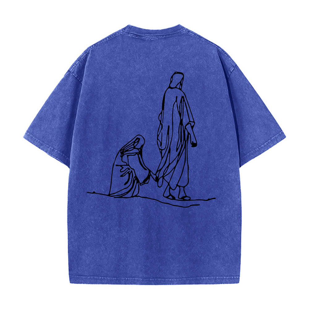 Christianartworkshop Mateo 9:20-22 Cita sobre la fe, sangrado frontal, mujer tocando a Cristo, túnica, arte lineal, estampado trasero, camiseta lavada - image 14
