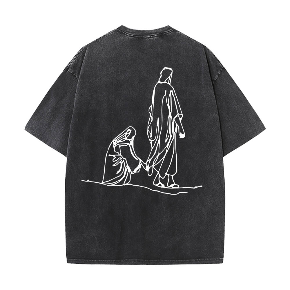 Christianartworkshop Mateo 9:20-22 Cita sobre la fe, sangrado frontal, mujer tocando a Cristo, túnica, arte lineal, estampado trasero, camiseta lavada - image 11