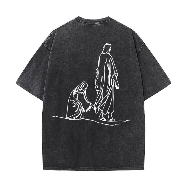 Christianartworkshop Mateo 9:20-22 Cita sobre la fe, sangrado frontal, mujer tocando a Cristo, túnica, arte lineal, estampado trasero, camiseta lavada - image 11