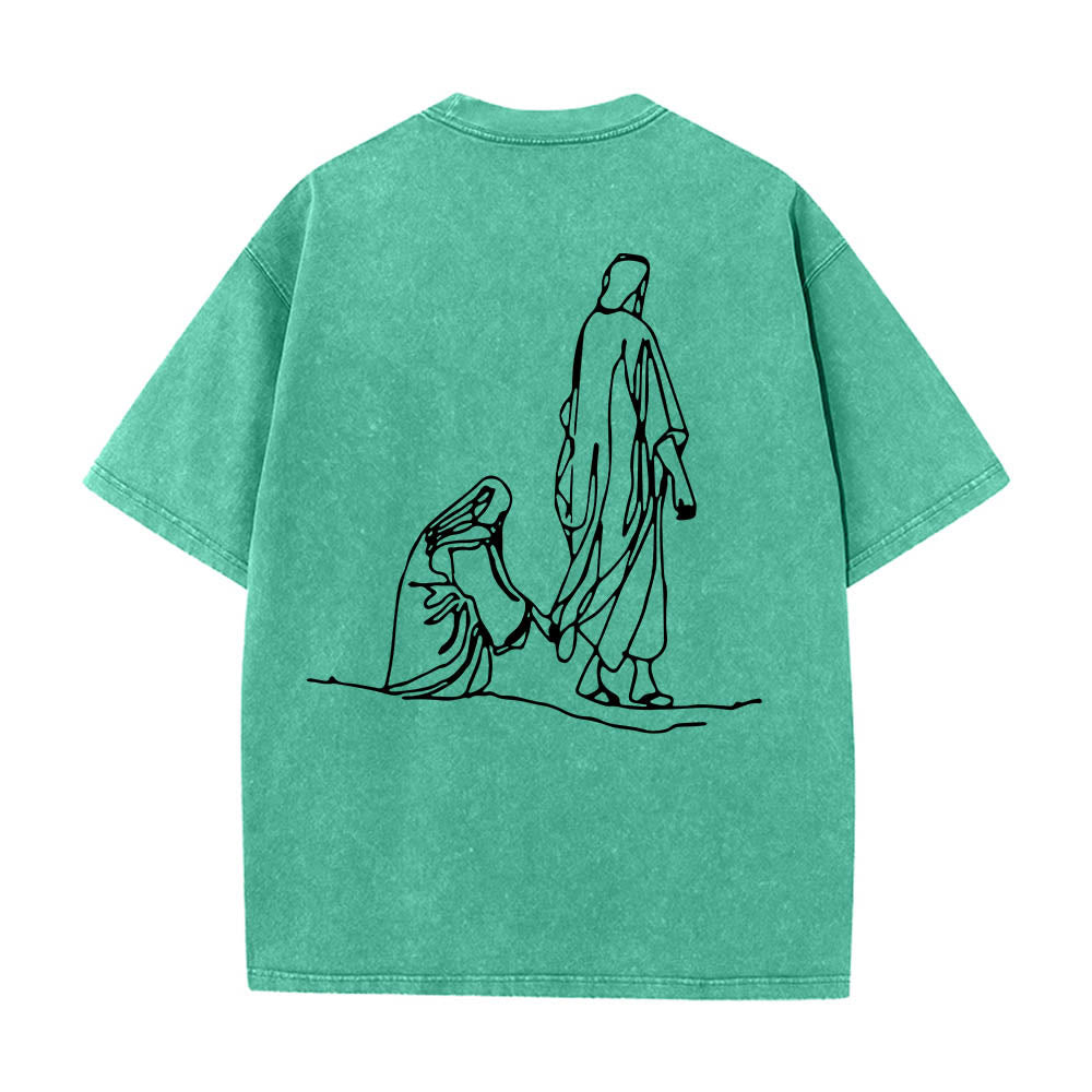 Christianartworkshop Mateo 9:20-22 Cita sobre la fe, sangrado frontal, mujer tocando a Cristo, túnica, arte lineal, estampado trasero, camiseta lavada - image 17