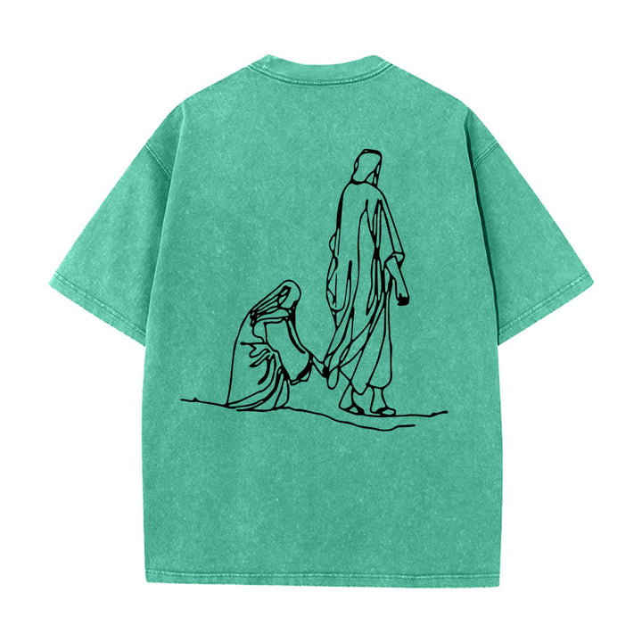 Christianartworkshop Mateo 9:20-22 Cita sobre la fe, sangrado frontal, mujer tocando a Cristo, túnica, arte lineal, estampado trasero, camiseta lavada - image 17
