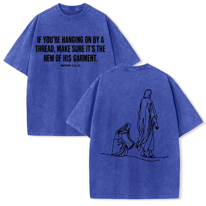 Christianartworkshop Mateo 9:20-22 Cita sobre la fe, sangrado frontal, mujer tocando a Cristo, túnica, arte lineal, estampado trasero, camiseta lavada - Azul - 5XL - image 12
