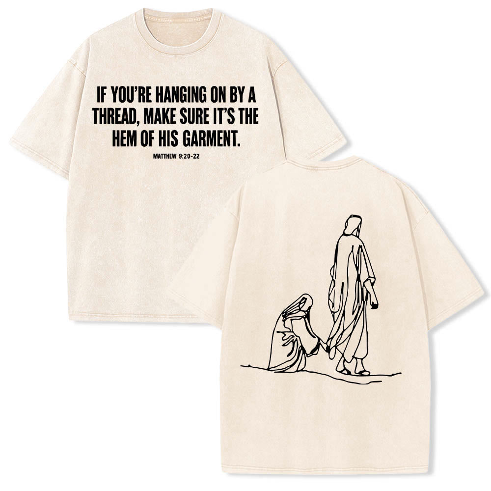 Christianartworkshop Mateo 9:20-22 Cita sobre la fe, sangrado frontal, mujer tocando a Cristo, túnica, arte lineal, estampado trasero, camiseta lavada - Beige - 5XL - image 3
