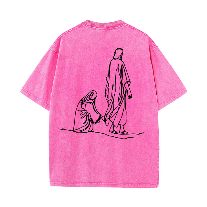 Christianartworkshop Mateo 9:20-22 Cita sobre la fe, sangrado frontal, mujer tocando a Cristo, túnica, arte lineal, estampado trasero, camiseta lavada - image 23