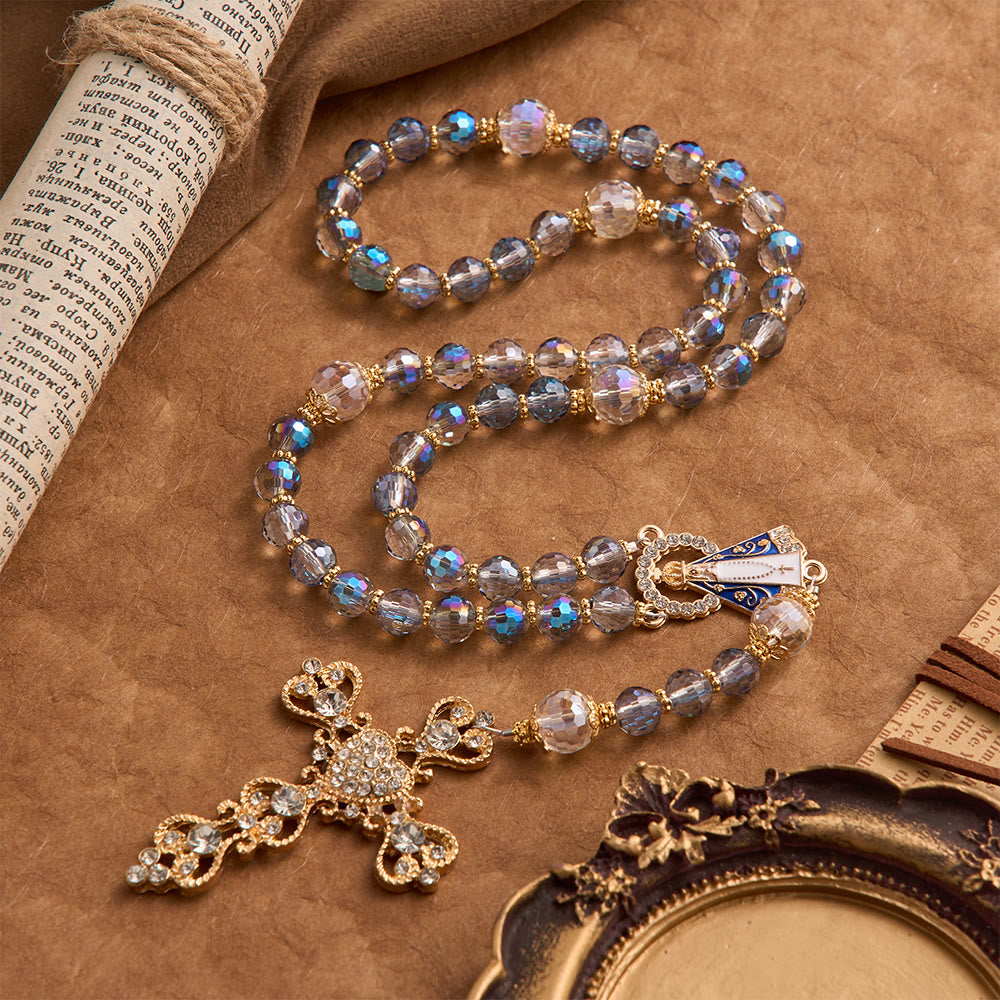 Christianartworkshop Rosario de cuentas azules iridiscentes con Nuestra Señora de Aparecida y crucifijo de diamantes de imitación: recuerdo personalizado con nombre para la capilla. - image 4