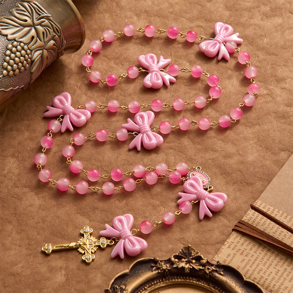 Christianartworkshop Rosario femenino de cuentas con degradado de dos tonos, lazos de resina brillante y crucifijo dorado con joyas. - image 3