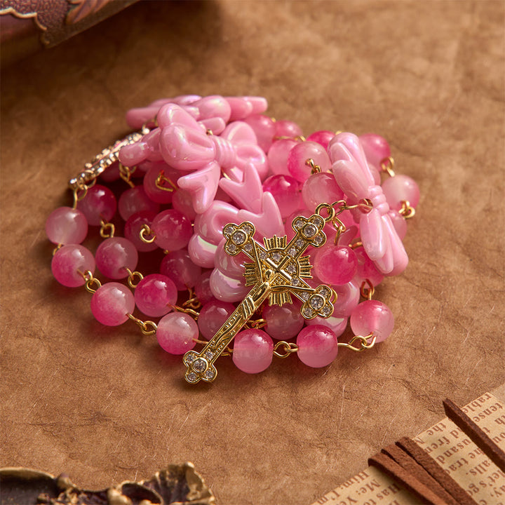 Christianartworkshop Rosario femenino de cuentas con degradado de dos tonos, lazos de resina brillante y crucifijo dorado con joyas. - image 2