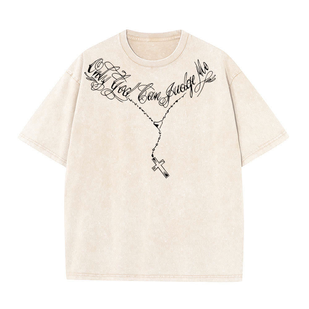Christianartworkshop Camiseta lavada con eslogan cursivo en la parte delantera, rosario, cruz, cadena, corona de espinas en la parte trasera, Jesús rezando. - image 4