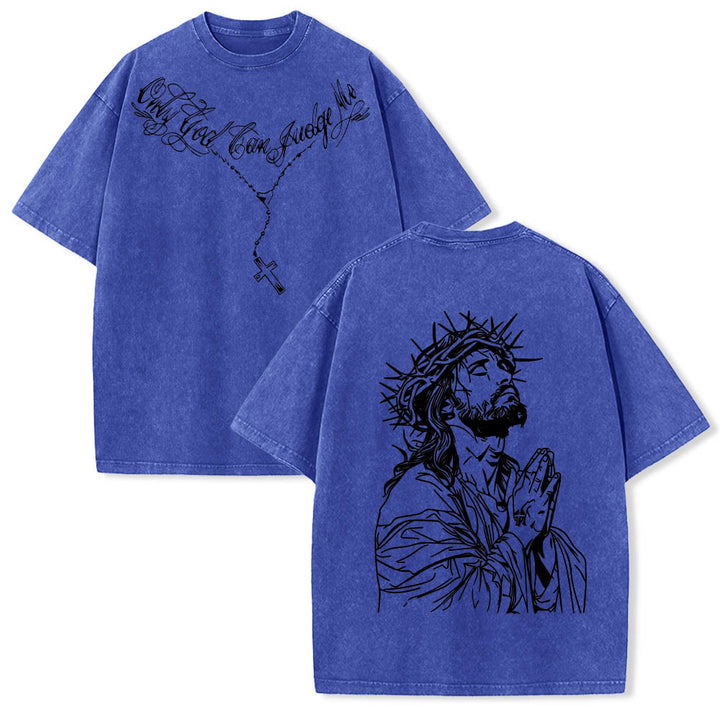 Christianartworkshop Camiseta lavada con eslogan cursivo en la parte delantera, rosario, cruz, cadena, corona de espinas en la parte trasera, Jesús rezando. - Azul - 5XL - image 12