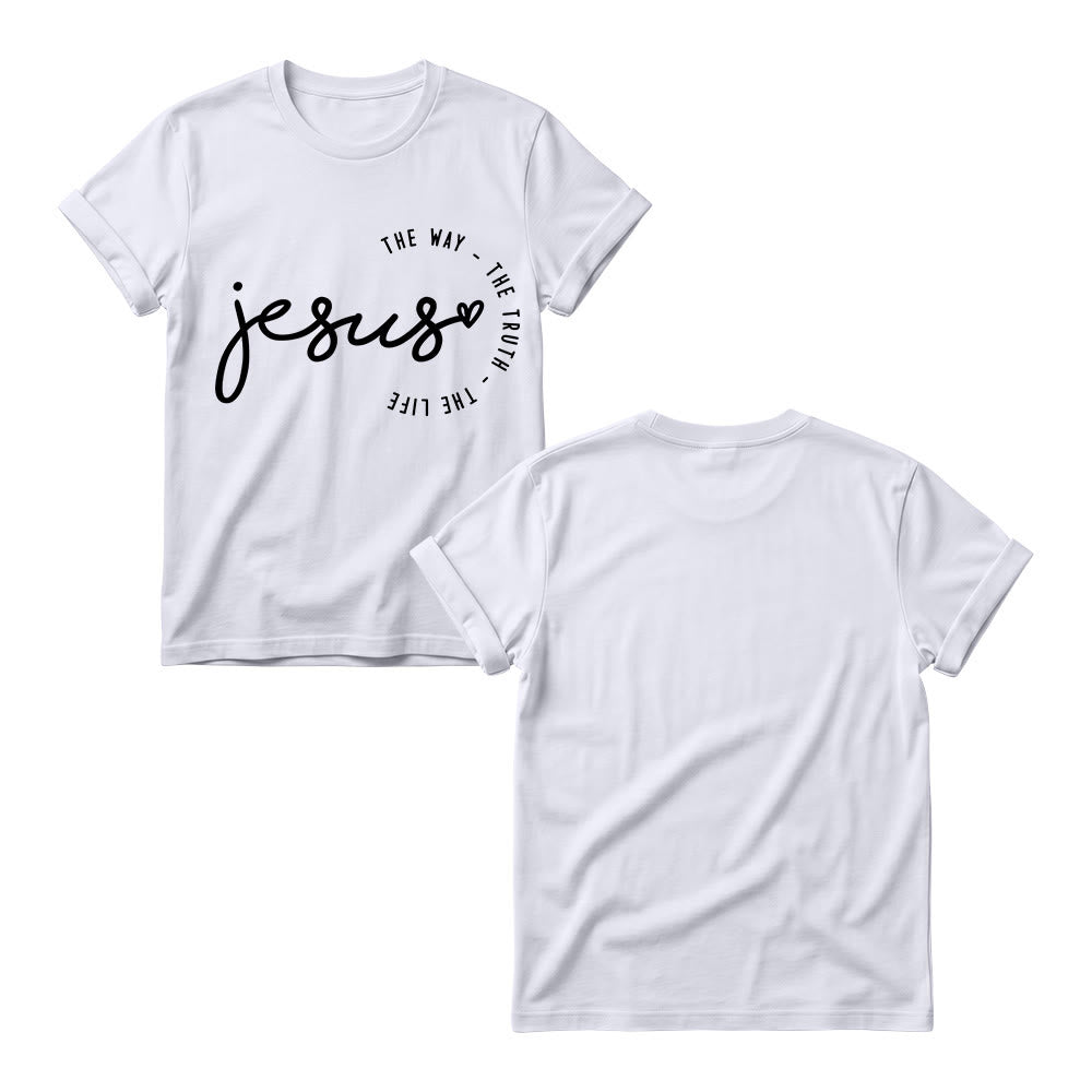 Christianartworkshop Camiseta de cuello redondo para mujer con detalle de corazón de Jesús escrito a mano y arco curvo: El Camino, la Verdad, la Vida. - image 5