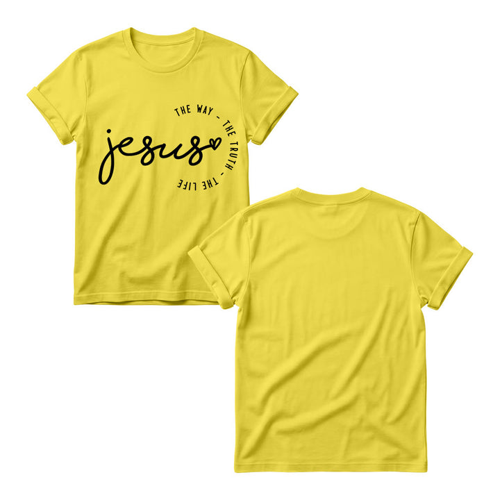 Christianartworkshop Camiseta de cuello redondo para mujer con detalle de corazón de Jesús escrito a mano y arco curvo: El Camino, la Verdad, la Vida. - image 7