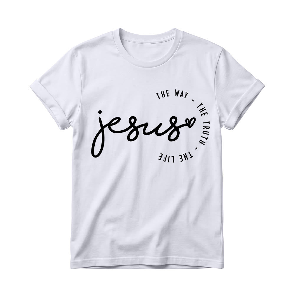 Christianartworkshop Camiseta de cuello redondo para mujer con detalle de corazón de Jesús escrito a mano y arco curvo: El Camino, la Verdad, la Vida. - Blanco - 4XL - image 4