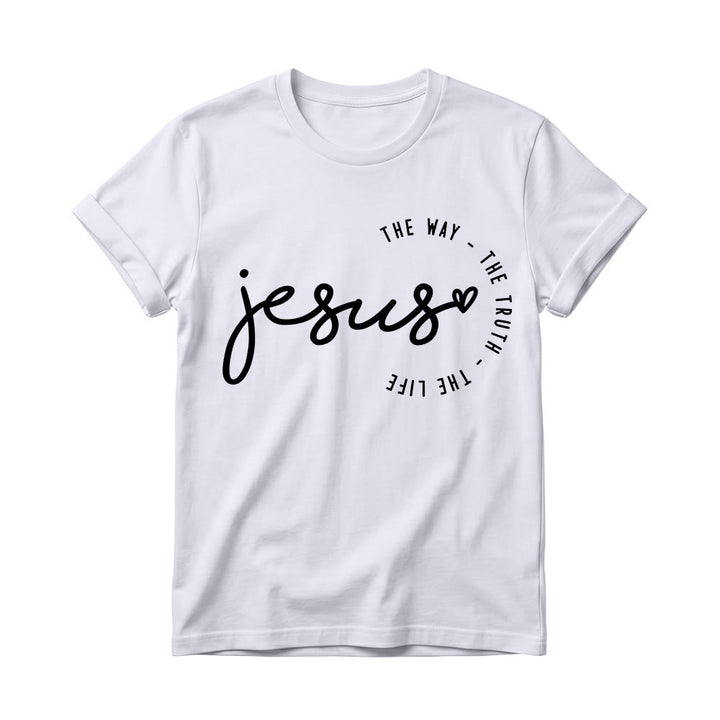 Christianartworkshop Camiseta de cuello redondo para mujer con detalle de corazón de Jesús escrito a mano y arco curvo: El Camino, la Verdad, la Vida. - Blanco - 4XL - image 4