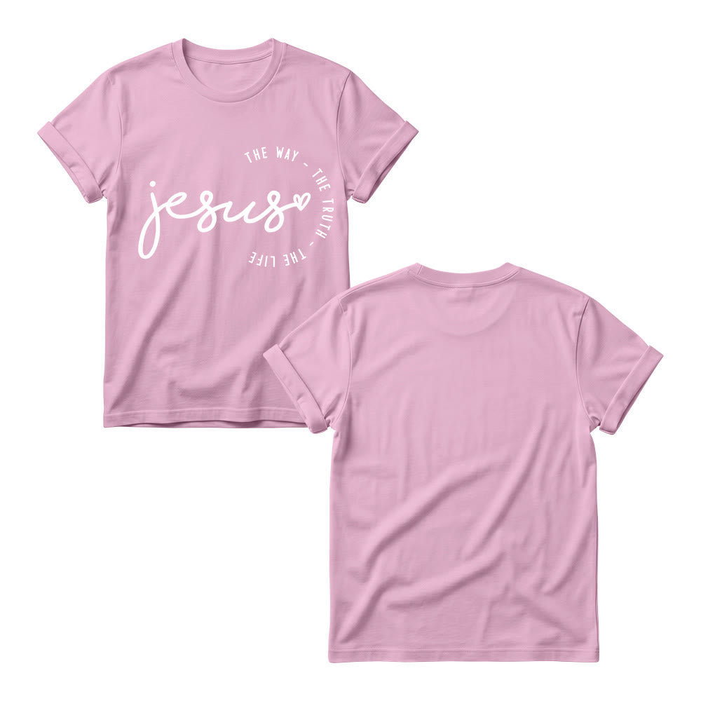 Christianartworkshop Camiseta de cuello redondo para mujer con detalle de corazón de Jesús escrito a mano y arco curvo: El Camino, la Verdad, la Vida. - image 3