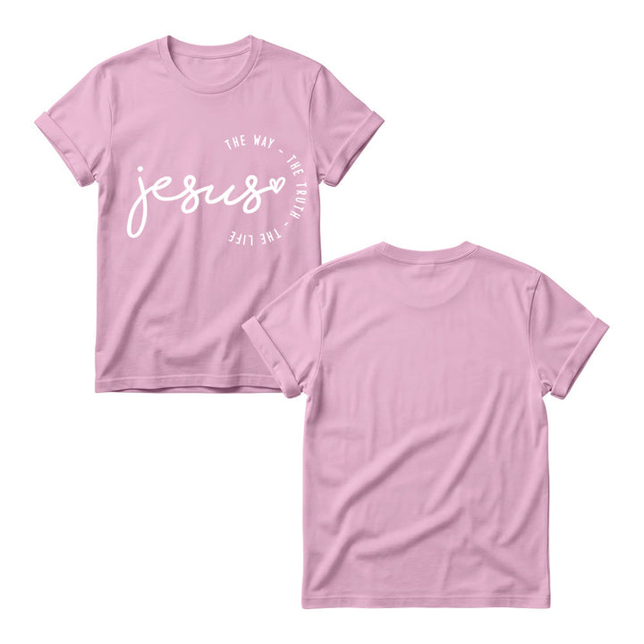 Christianartworkshop Camiseta de cuello redondo para mujer con detalle de corazón de Jesús escrito a mano y arco curvo: El Camino, la Verdad, la Vida. - image 3