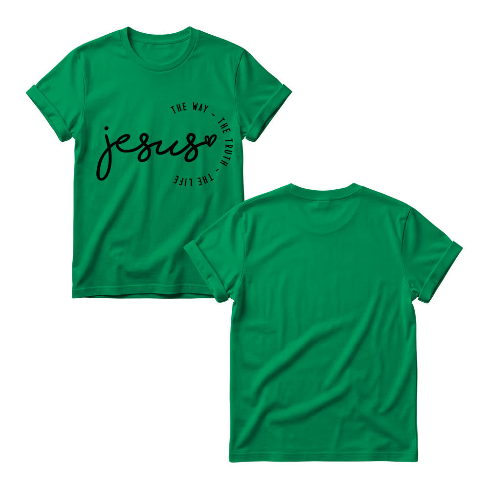 Christianartworkshop Camiseta de cuello redondo para mujer con detalle de corazón de Jesús escrito a mano y arco curvo: El Camino, la Verdad, la Vida. - image 17