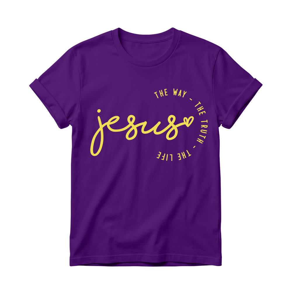 Christianartworkshop Camiseta de cuello redondo para mujer con detalle de corazón de Jesús escrito a mano y arco curvo: El Camino, la Verdad, la Vida. - Púrpura - 4XL - image 12
