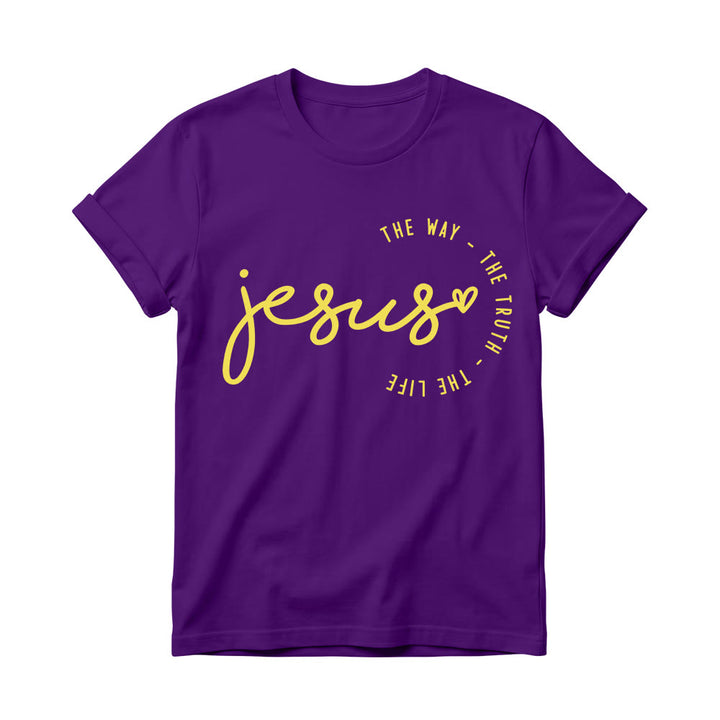Christianartworkshop Camiseta de cuello redondo para mujer con detalle de corazón de Jesús escrito a mano y arco curvo: El Camino, la Verdad, la Vida. - Púrpura - 4XL - image 12