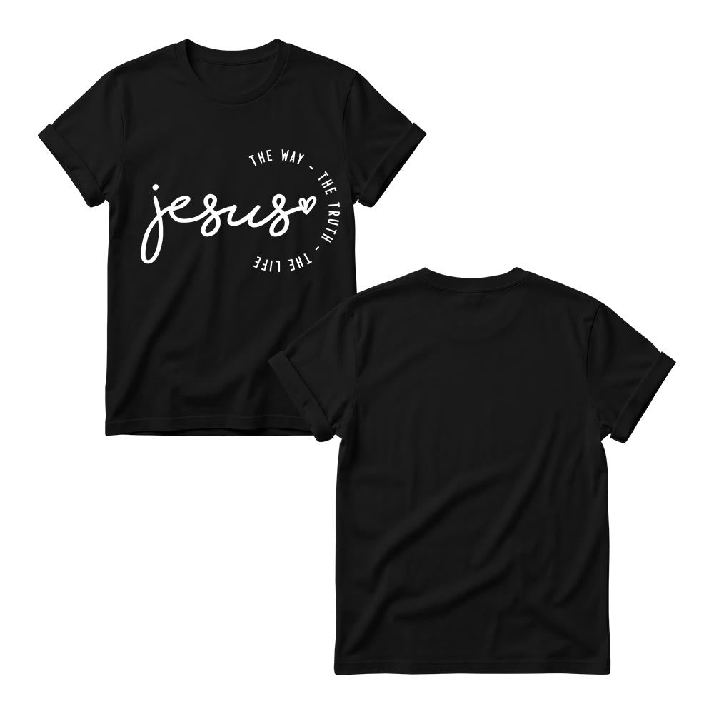 Christianartworkshop Camiseta de cuello redondo para mujer con detalle de corazón de Jesús escrito a mano y arco curvo: El Camino, la Verdad, la Vida. - image 1