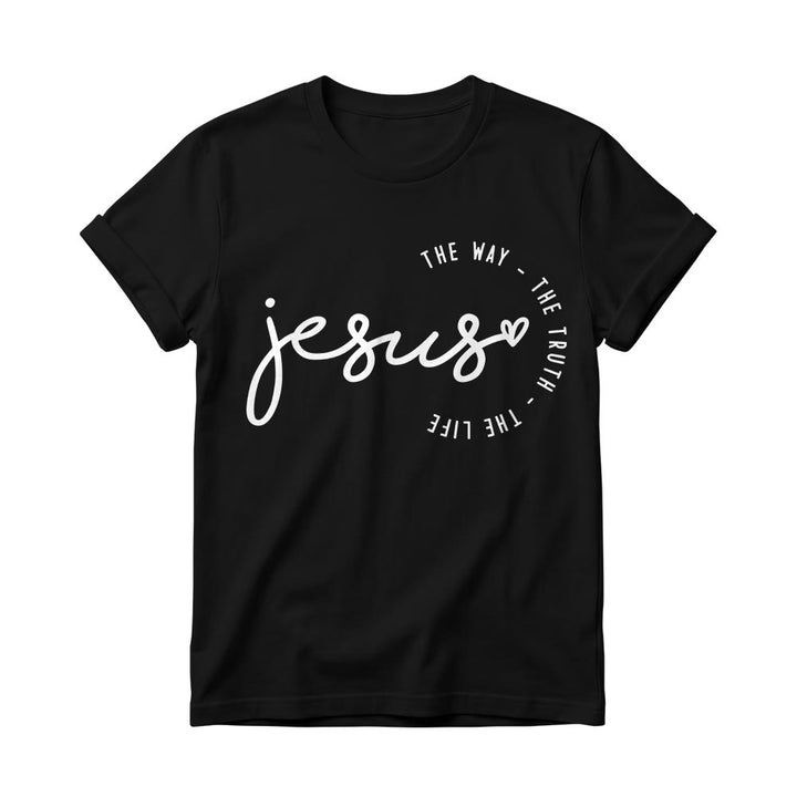 Christianartworkshop Camiseta de cuello redondo para mujer con detalle de corazón de Jesús escrito a mano y arco curvo: El Camino, la Verdad, la Vida. - Negro - 4XL - image 0